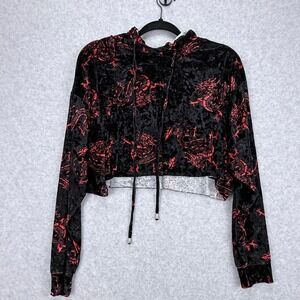 Bear Dance Crop Hoodie Women M Black Red Dragon Velvet Grunge, Streetwear, Y2K